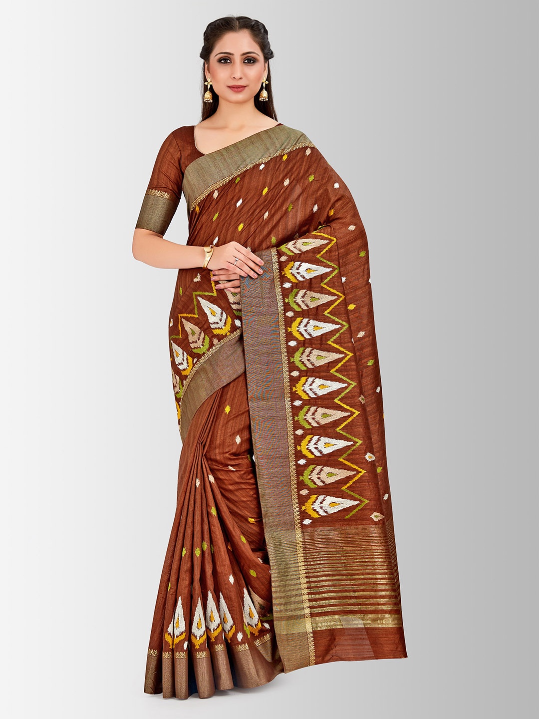 

Mitera Brown & Yellow Art Silk Embroidered Kanjeevaram Saree