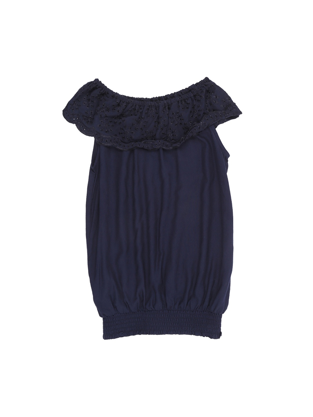 

Pantaloons Junior Girls Navy Blue Solid Bardot Chambray Top
