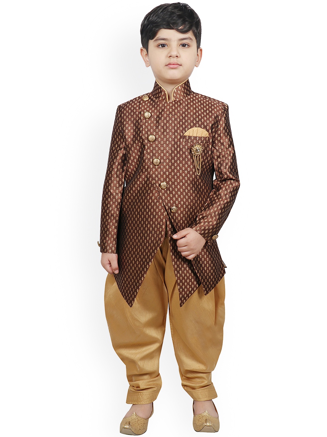 SG YUVRAJ Boys Brown Woven Design Sherwani Set