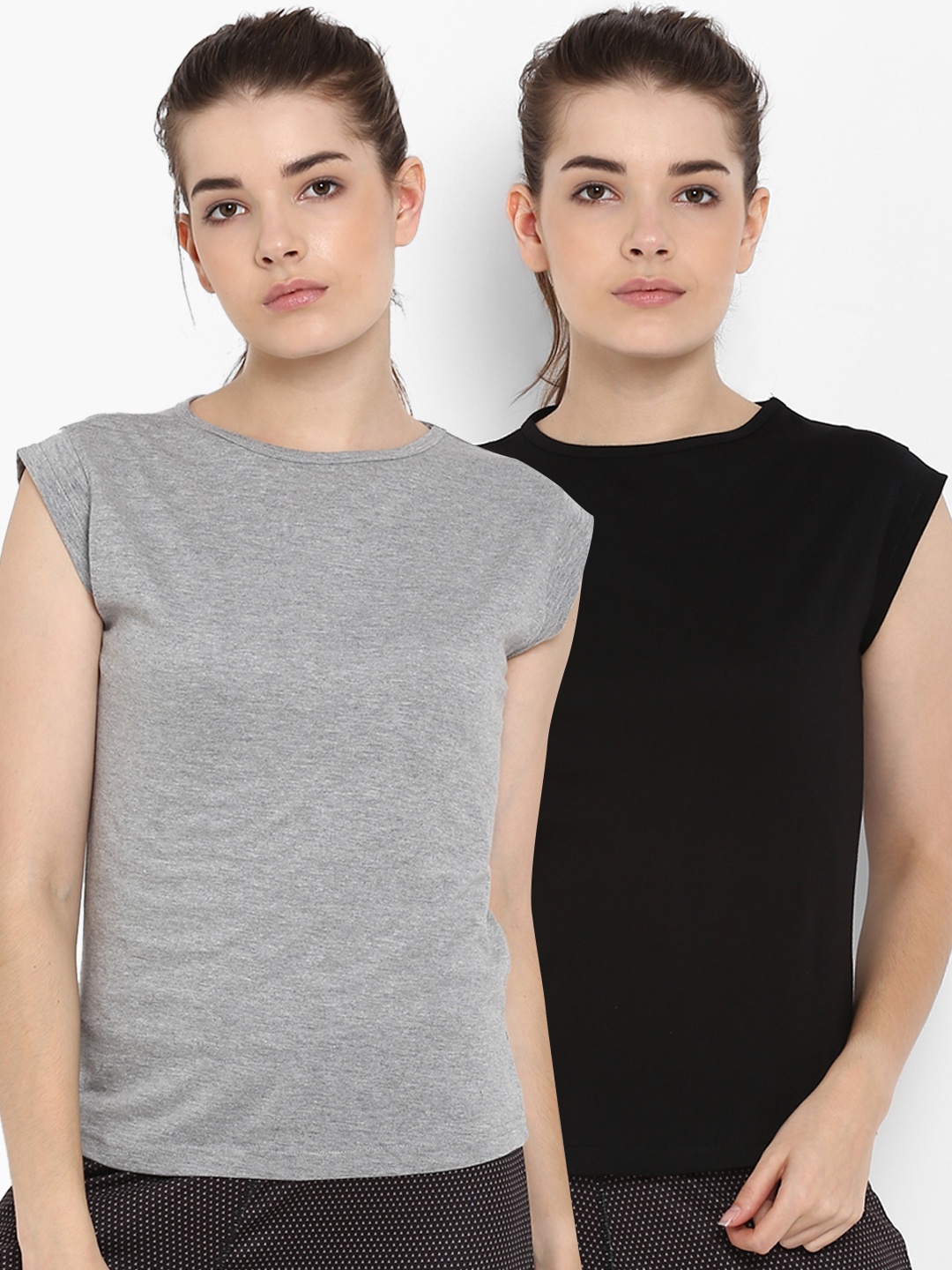 

appulse Women Pack of 2 Solid Slim Fit Sports T-shirts, Black