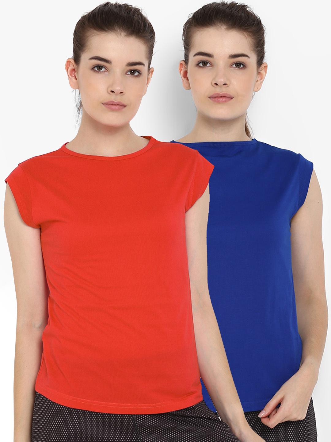 

appulse Women Pack of 2 Blue & Red Solid Round Neck T-shirt