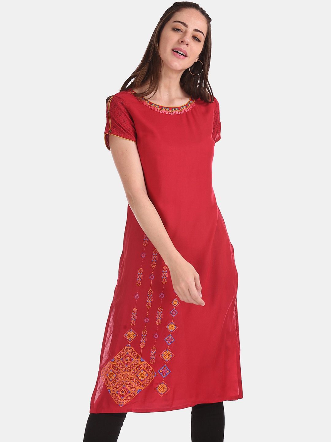 

Karigari Women Red Printed Straight Kurta