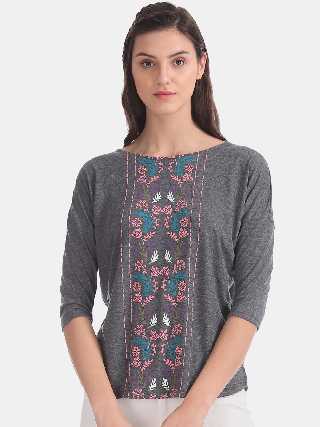 

Cherokee Women Grey Embroidered Knitted Top