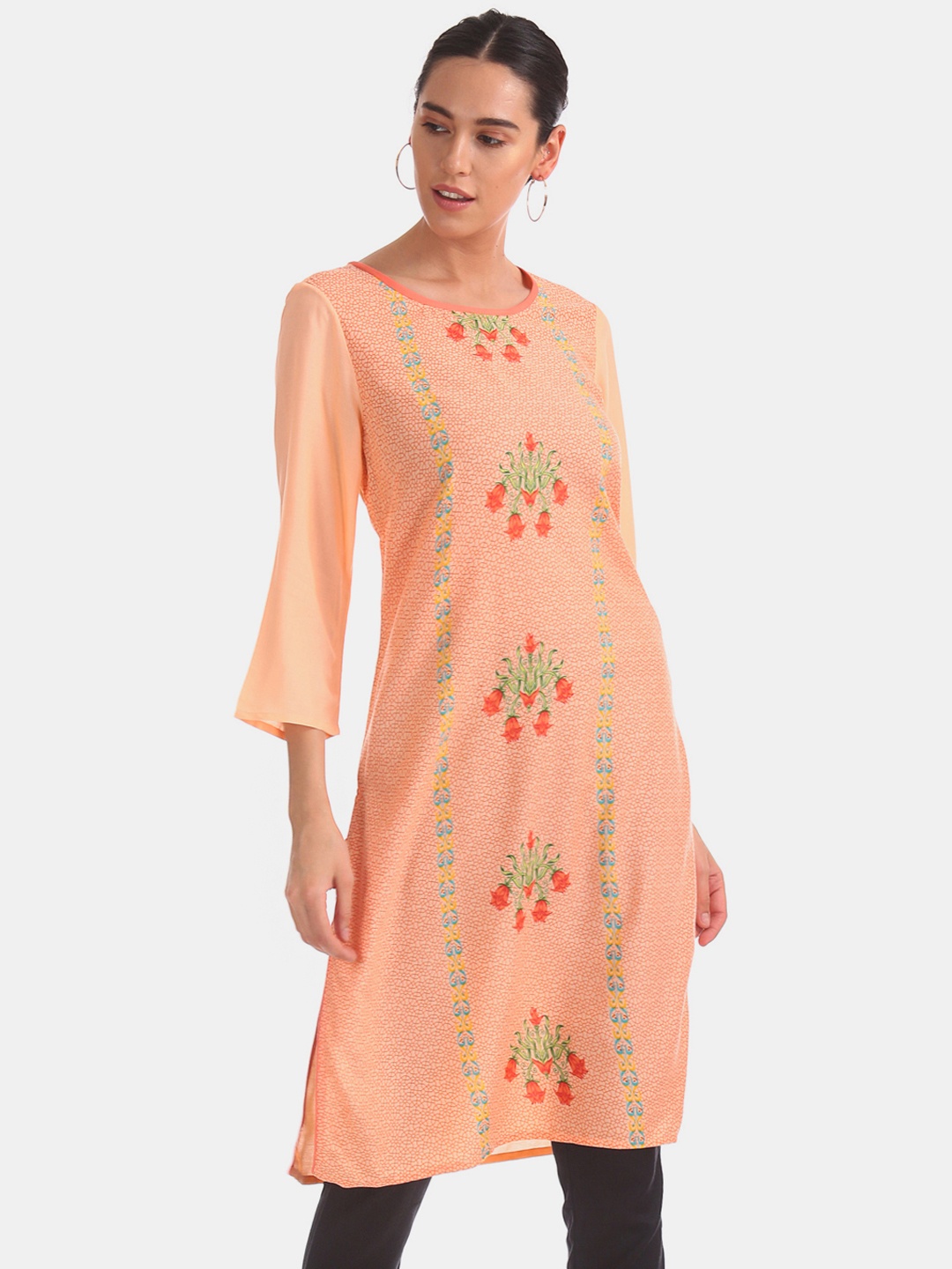 

Karigari Women Orange & Green Printed Straight Kurta