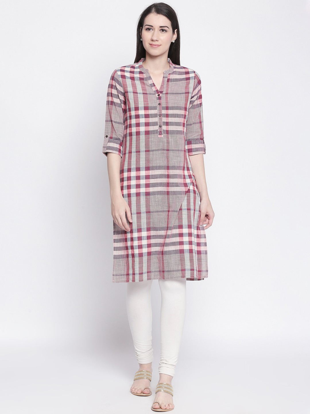 

RANGMANCH BY PANTALOONS Women Grey & Red Checked Straight Kurta