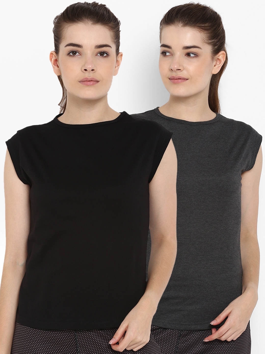 

appulse Women Pack of 2 Black & Charcoal Grey Solid Round Neck T-shirt