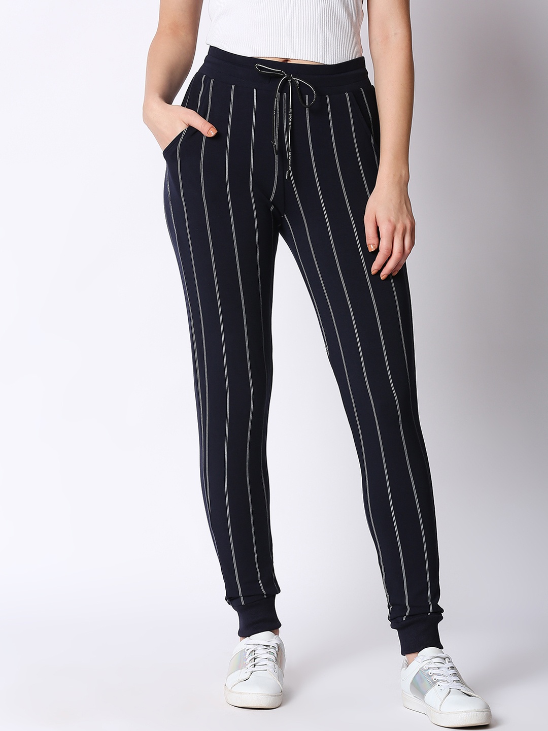 I like me Women Navy Blue & Grey Striped Joggers
