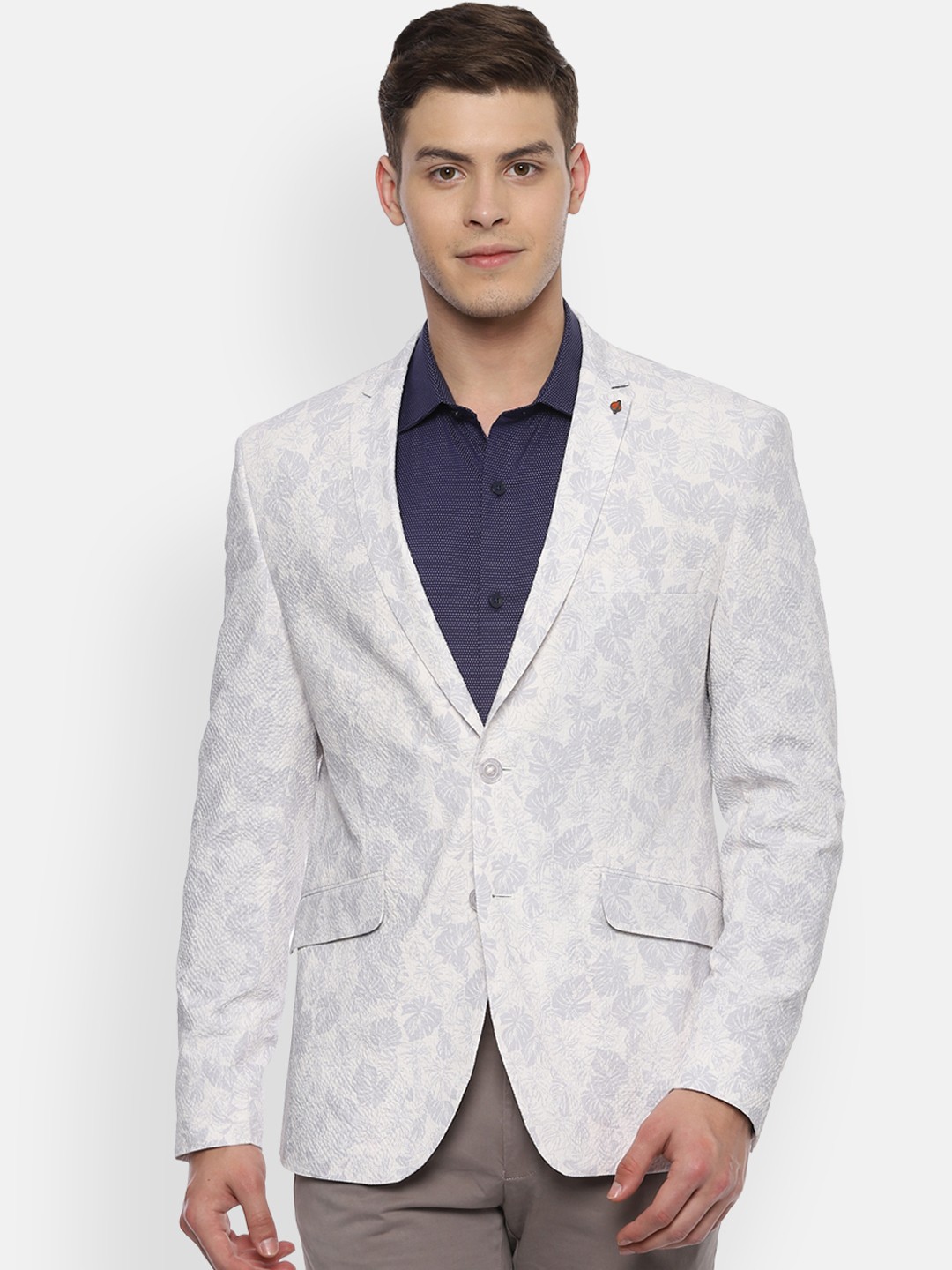 

V Dot Men White & Grey Printed Single-Breasted Slim-Fit Blazer