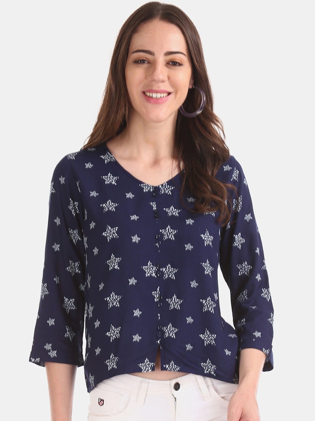 

Sugr Women Navy Blue Star Print Top