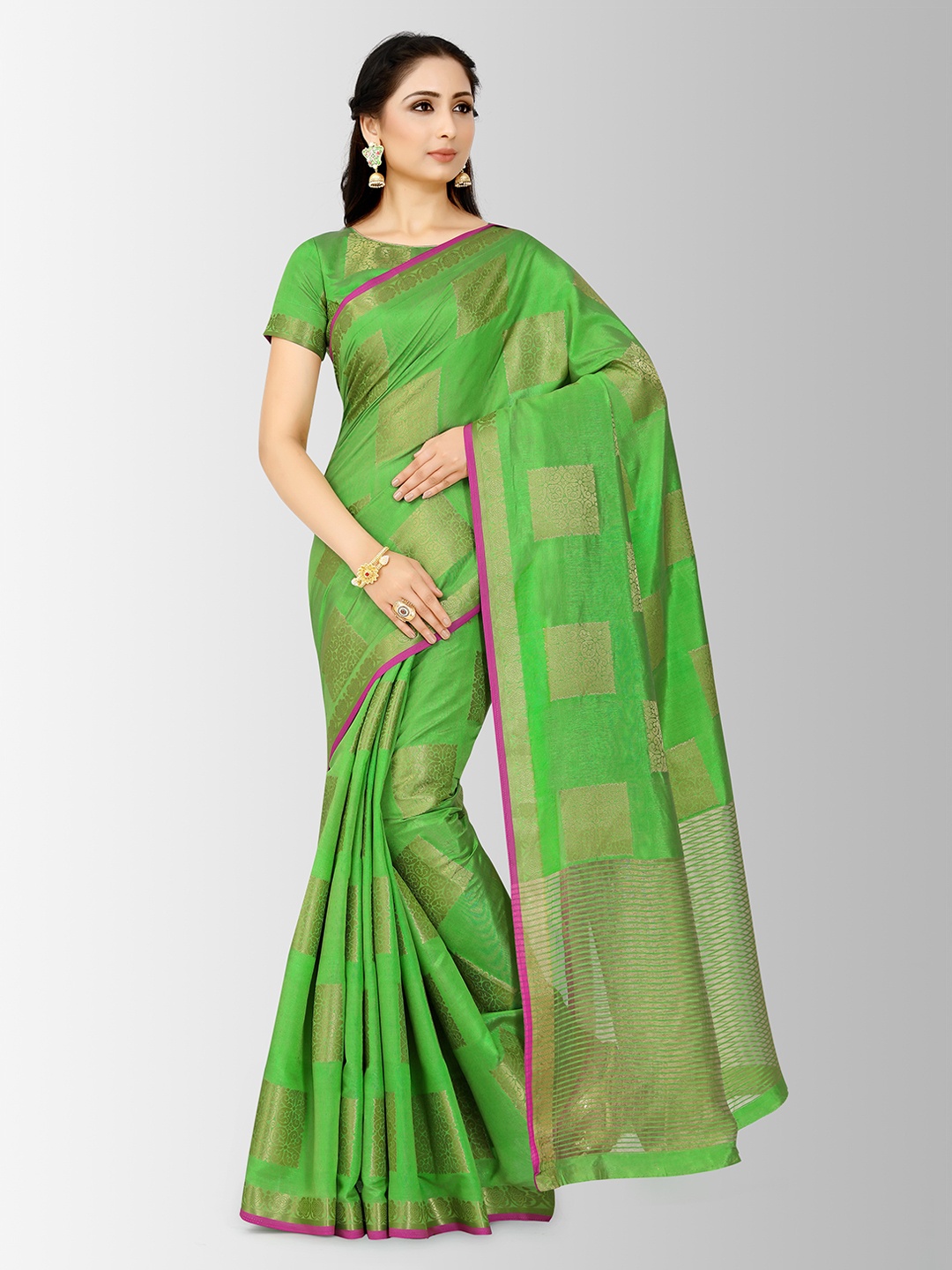

Mitera Green & Gold-Toned Art Silk Checked Kanjeevaram Saree
