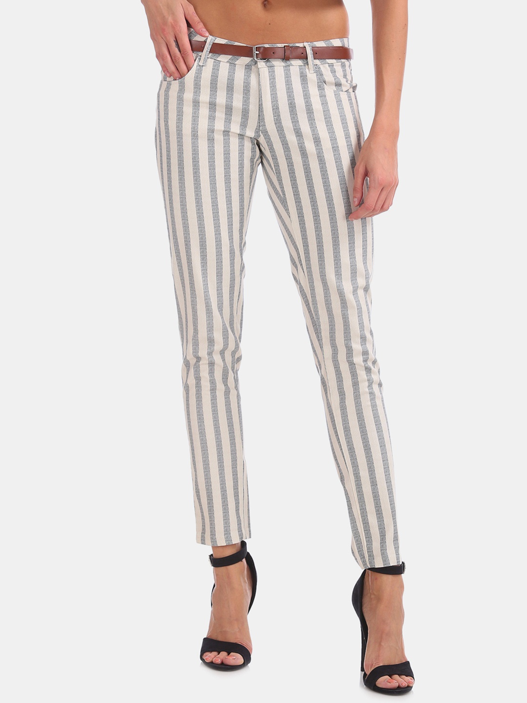 

Cherokee Women White & Grey Regular Fit Striped Cigarette Trousers