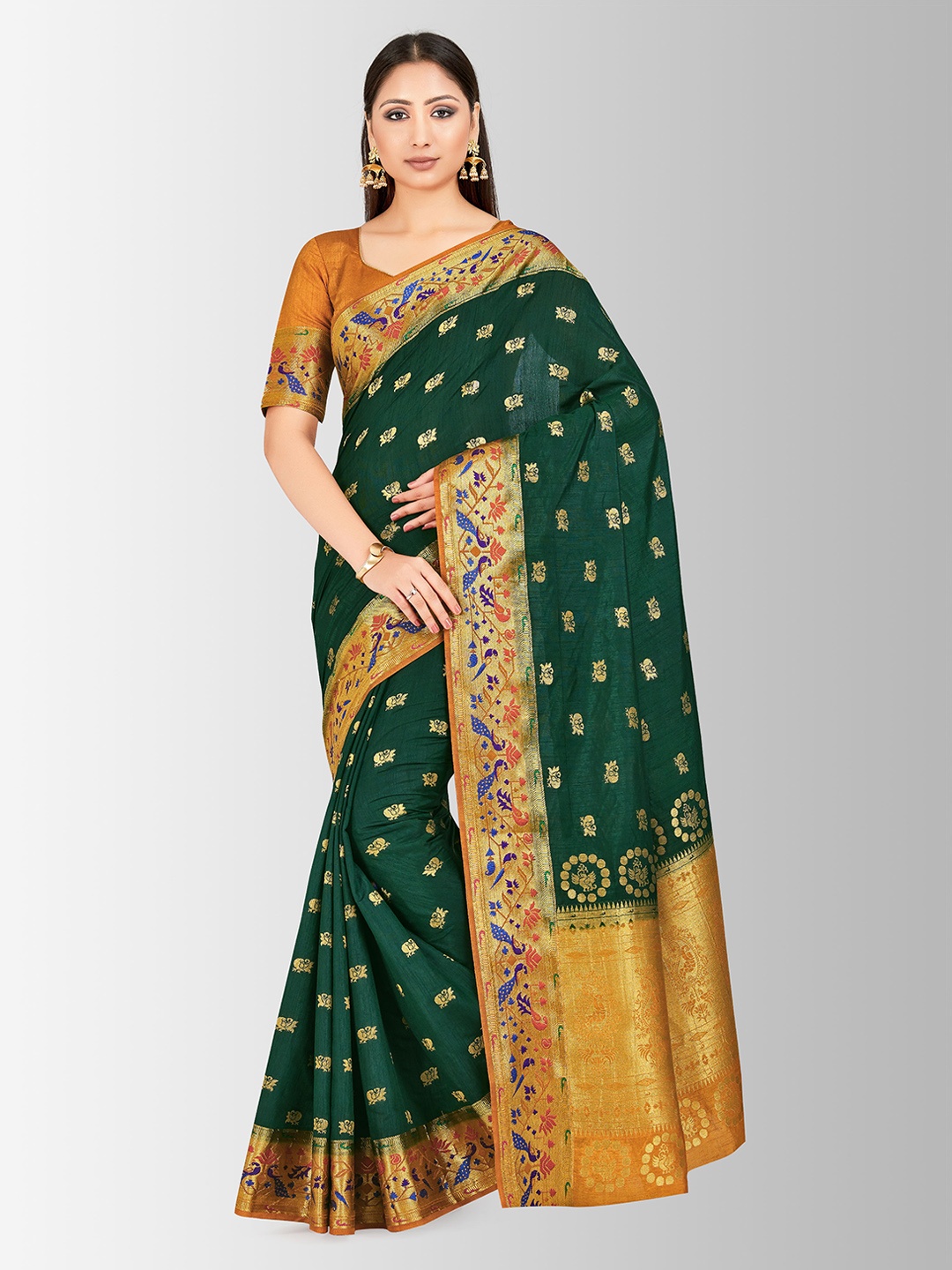 Mitera Green & Mustard Yellow Art Silk Woven Design Paithani Saree