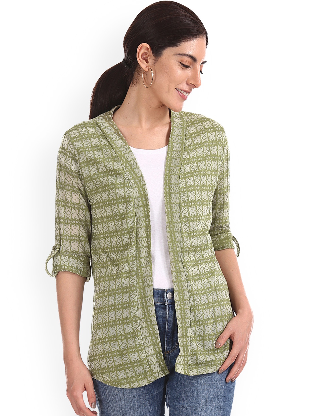 

Cherokee Women Olive Green Printed Open Front Shrug