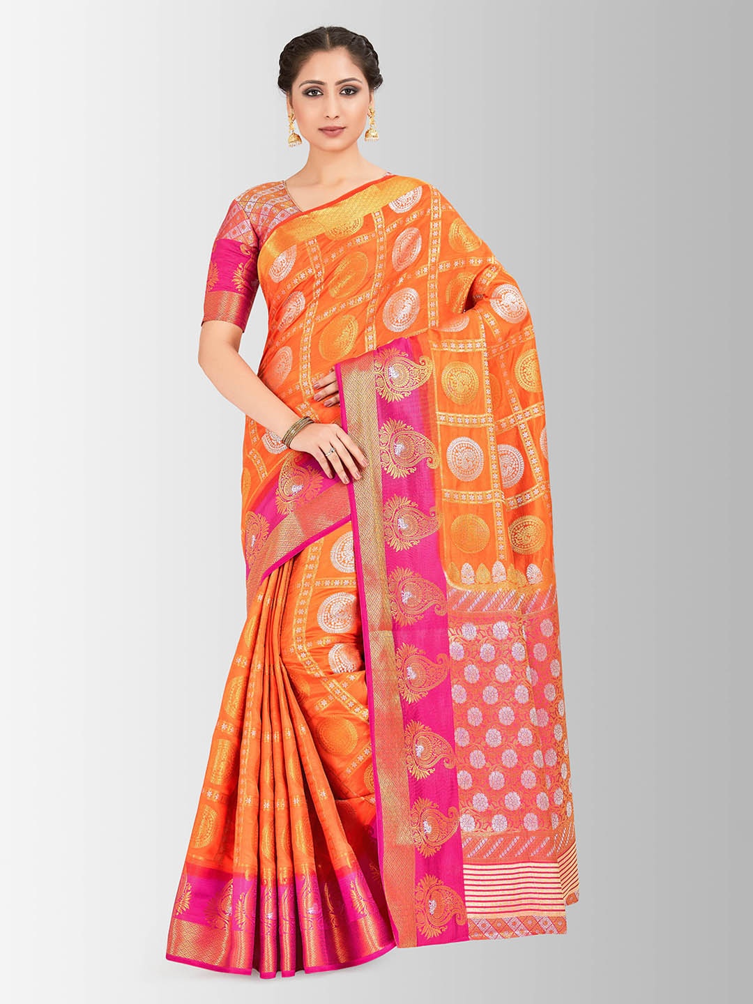 

Mitera Orange & Pink Art Silk Woven Design Kanjeevaram Saree