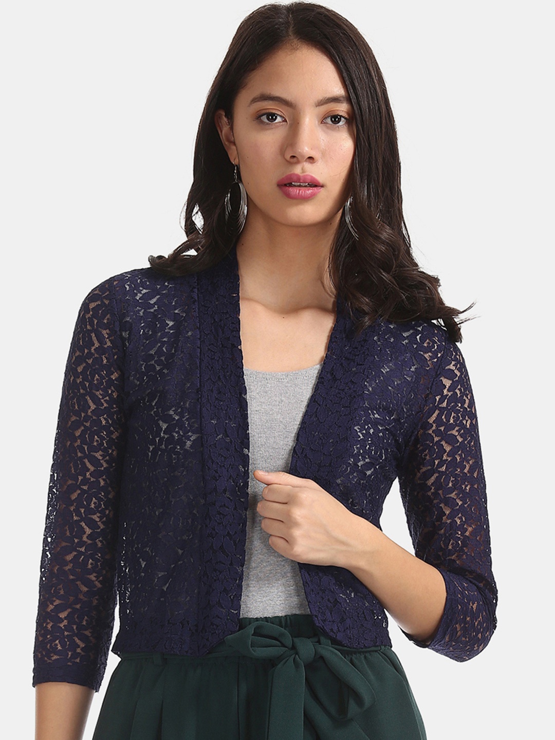 

Sugr Women Navy Blue Self Design Open Front Shrug