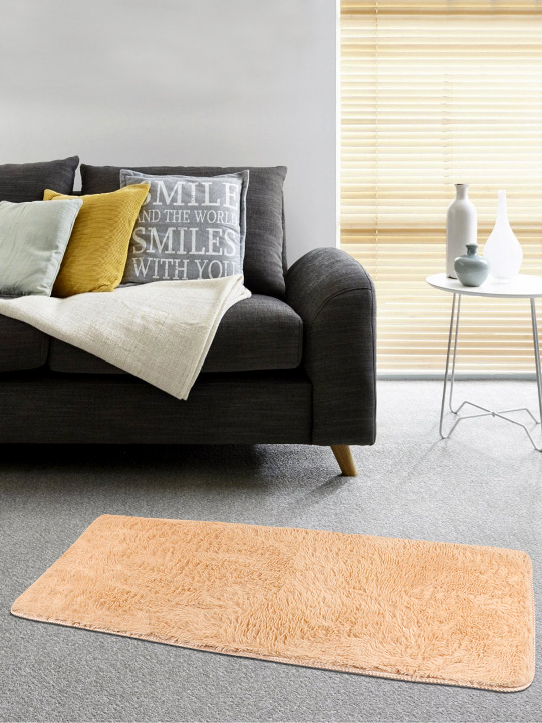 

TIED RIBBONS Cream-Coloured Solid Rectangular Soft Fur Anti-Skid Floor Runner