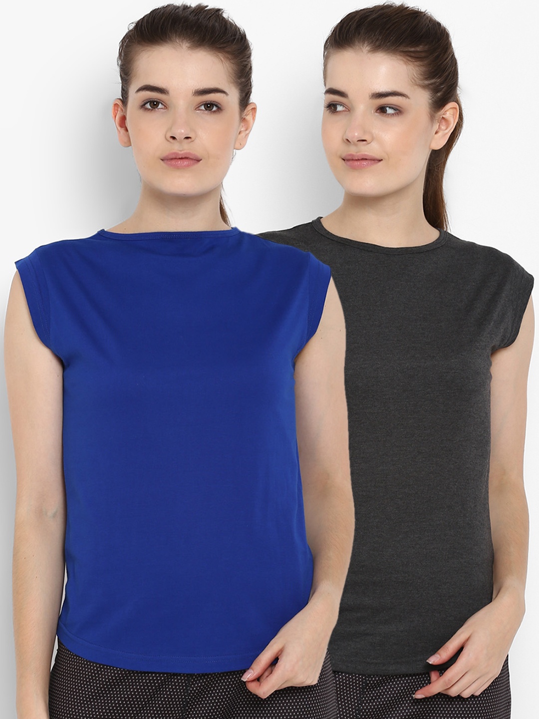 

appulse Women Pack of 2 Charcoal Grey & Blue Solid Round Neck T-shirt