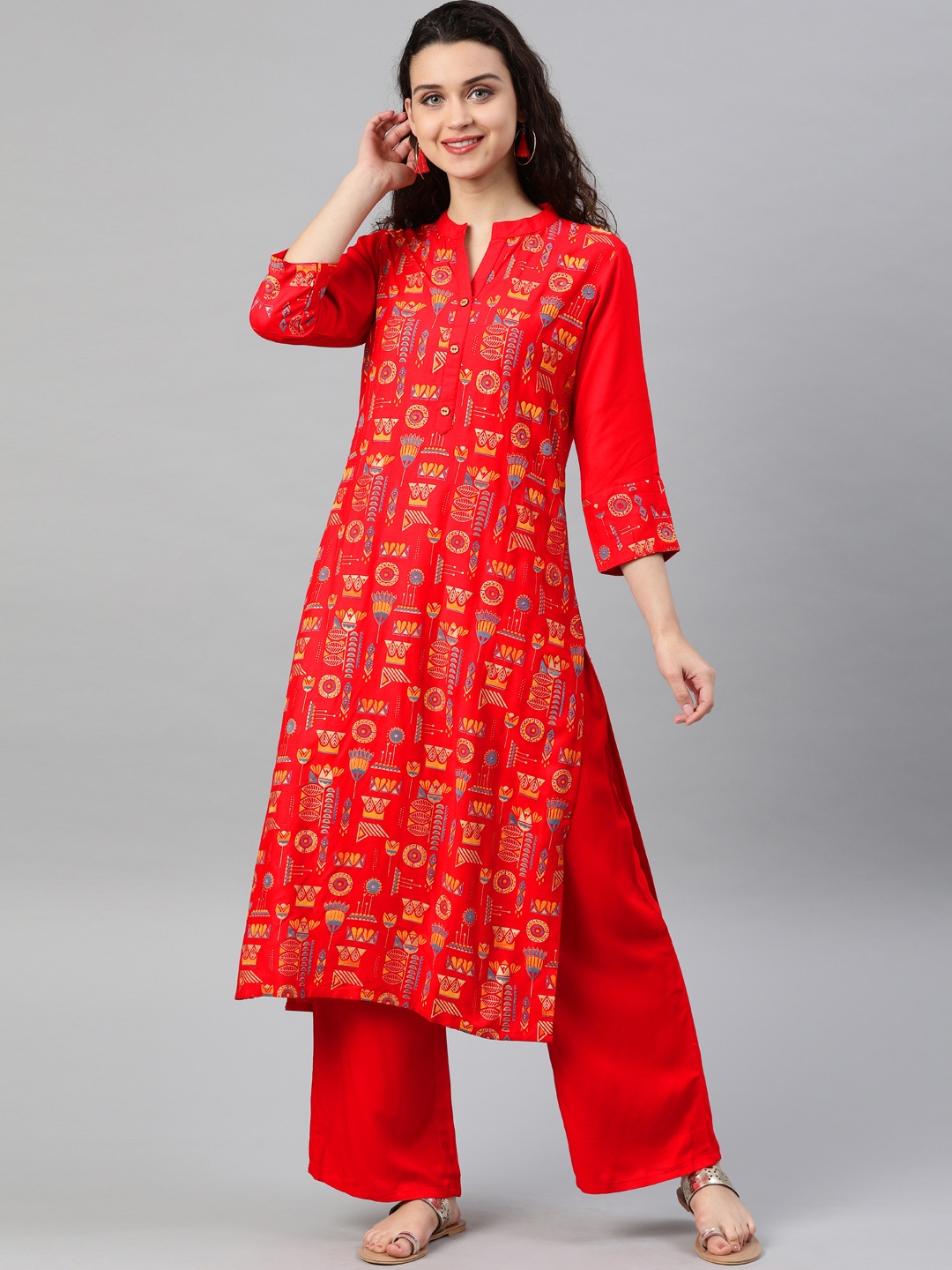 

ZIYAA Women Red Foil Printed Straight Kurta