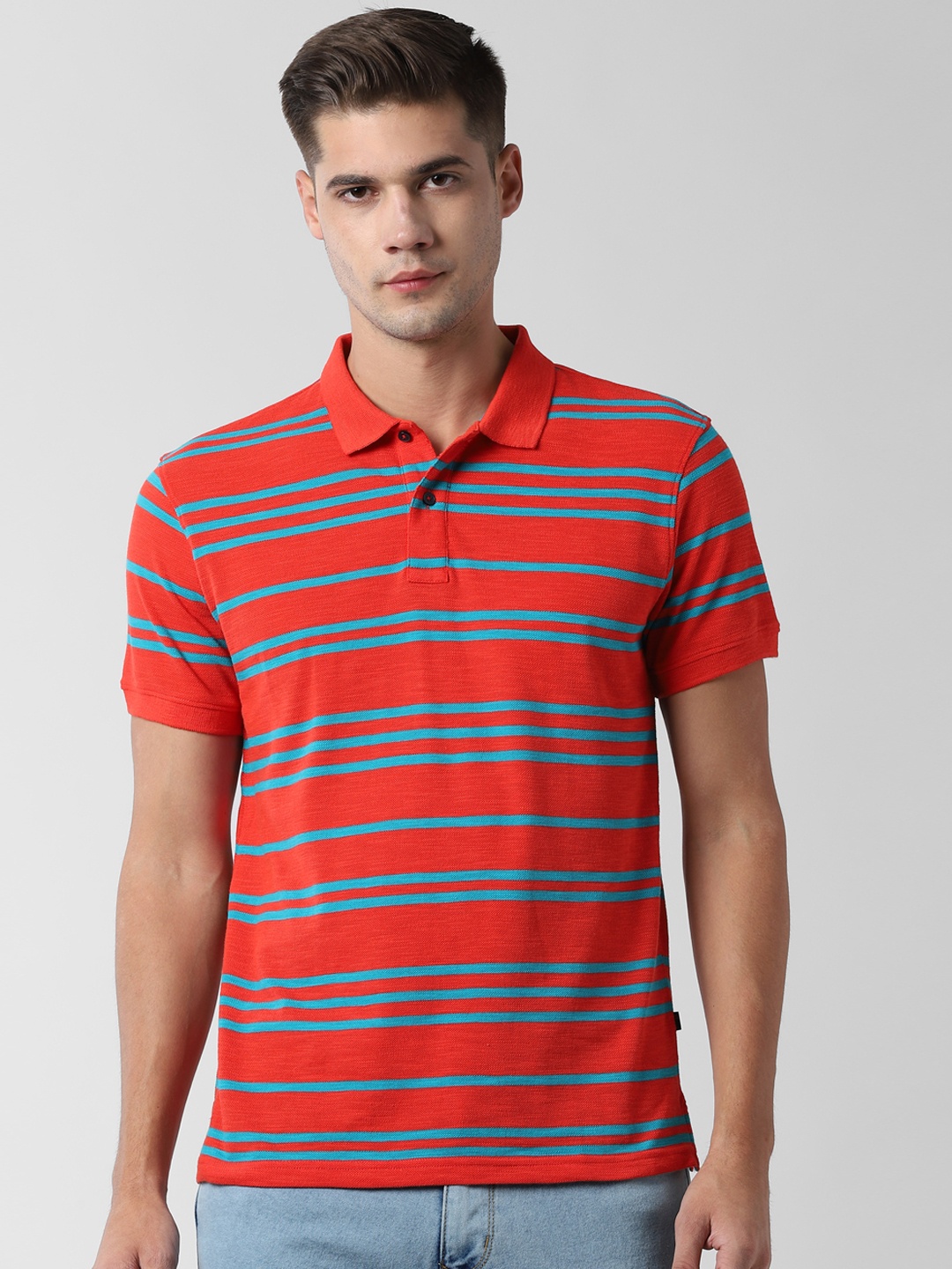 

Peter England Casuals Men Red Striped Polo Collar T-shirt