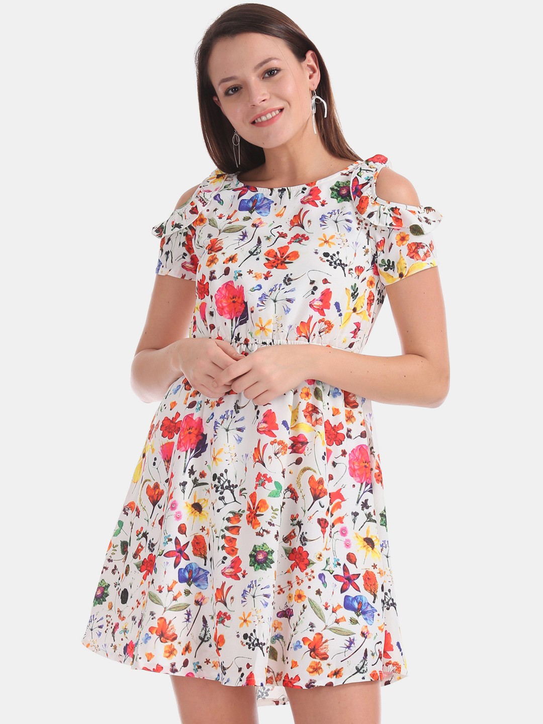

Sugr Women White & Pink Floral Print Fit and Flare Dress
