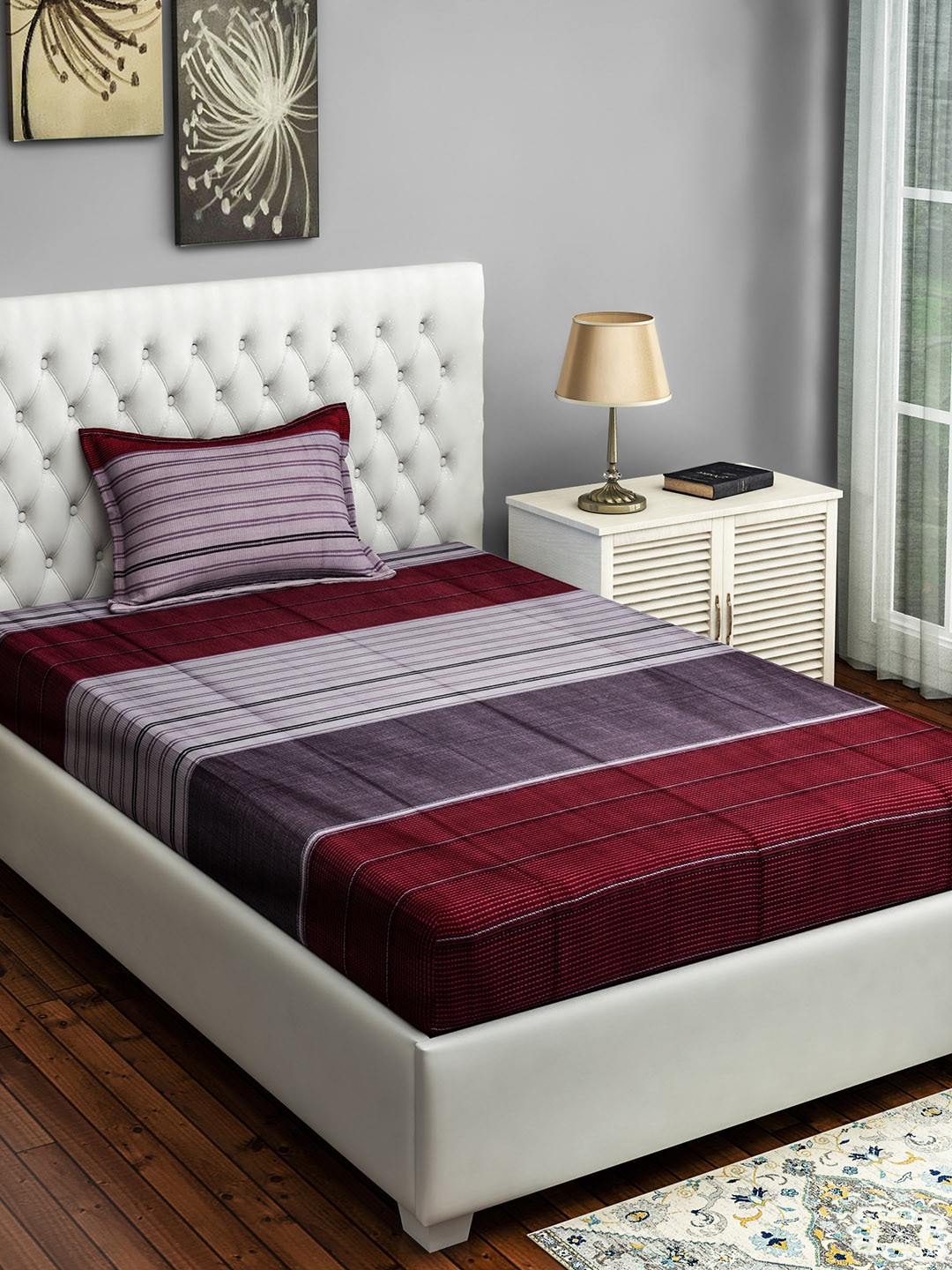 

SWAYAM Grey & Burgundy Striped 200 TC Cotton 1 Single Bedsheet with 1 Pillow Covers