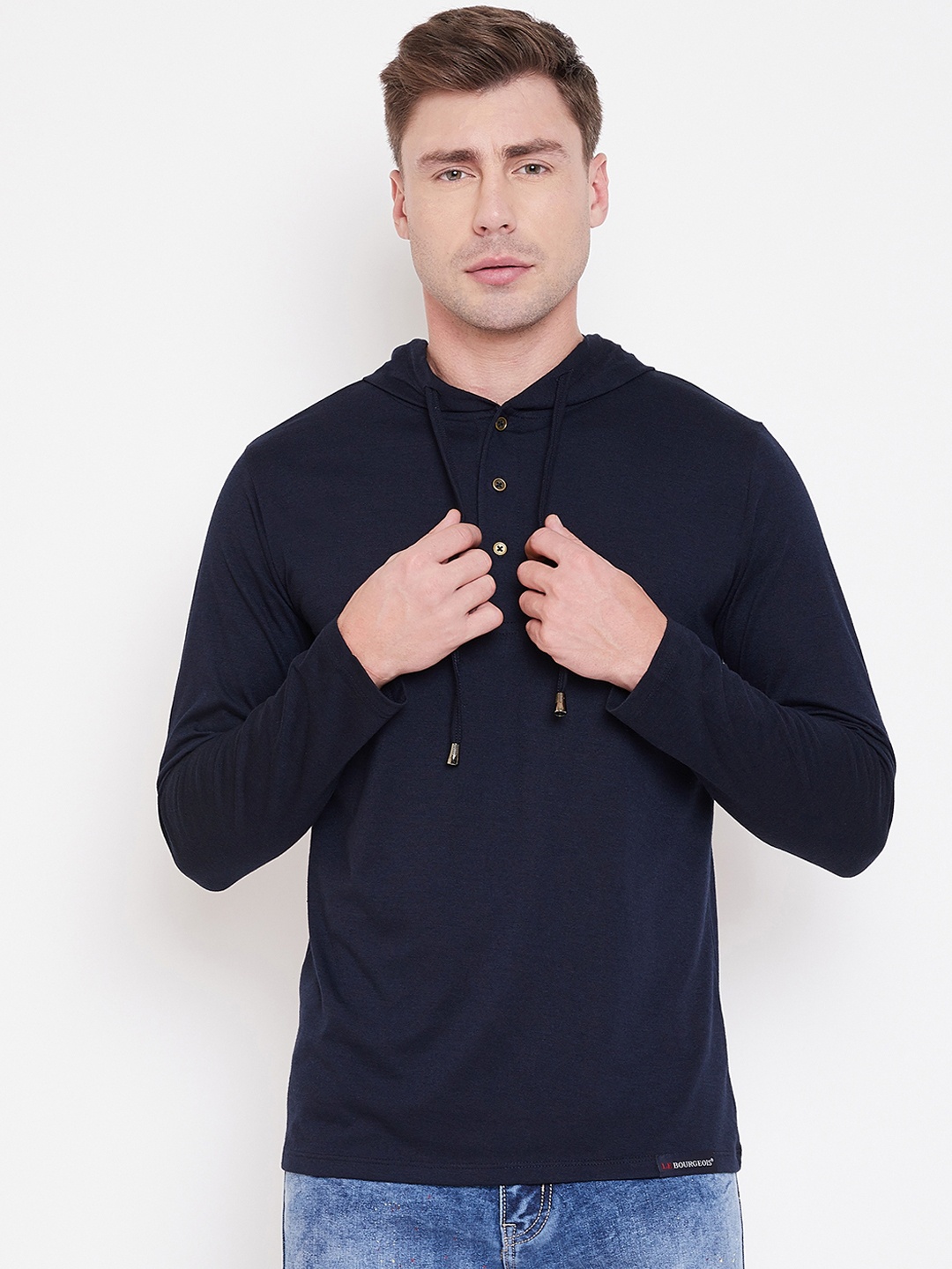 

LE BOURGEOIS Men Navy Blue Solid Hooded T-shirt