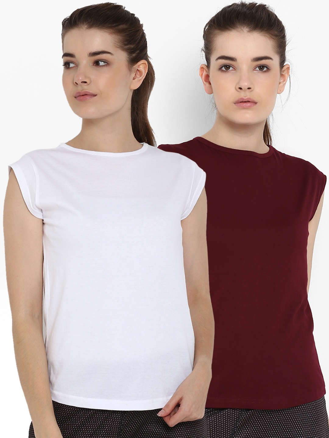 appulse Women Pack Of 2 Solid Round Neck T-shirts, White
