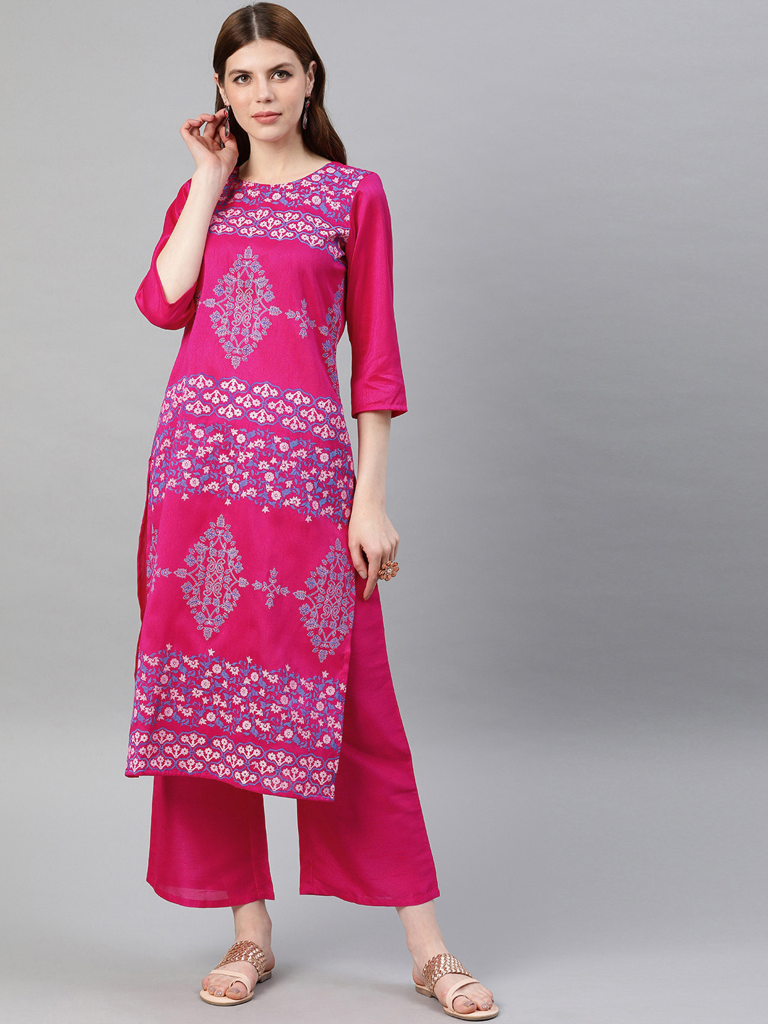 

ZIYAA Women Pink & Blue Printed Straight Kurta