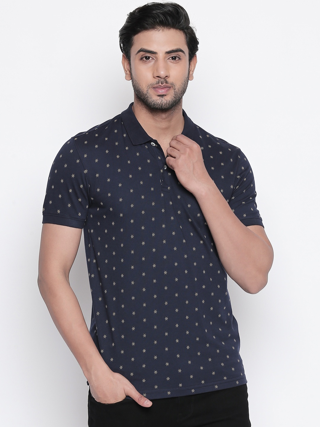

BYFORD by Pantaloons Men Navy Blue Printed Polo Collar T-shirt