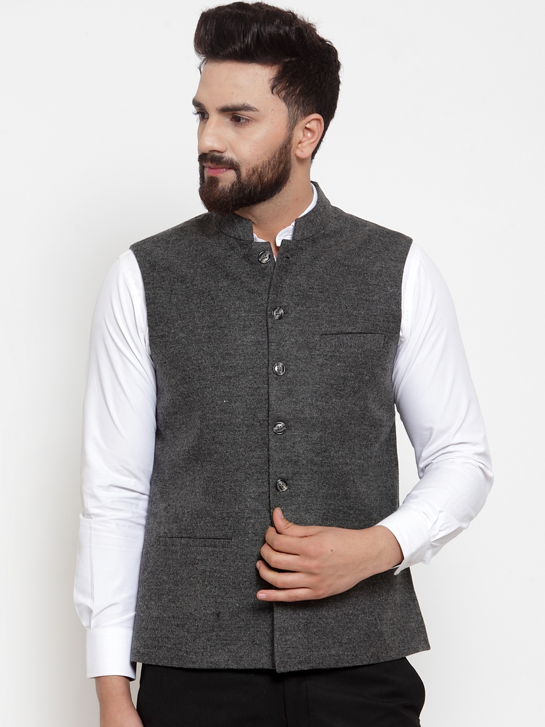 NEUDIS Men Grey Solid Pure Wool Nehru Jacket