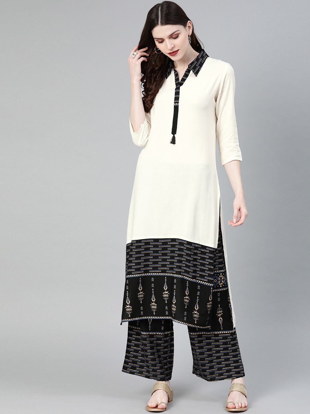 

ZIYAA Women Off-White & Black Printed Straight Kurta