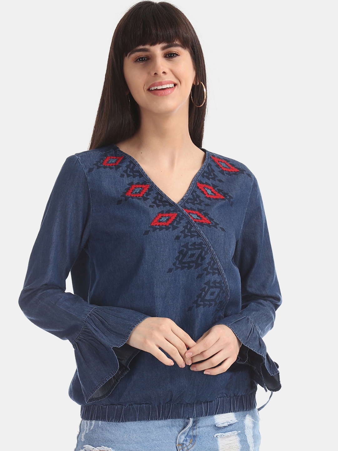 

Cherokee Women Navy Blue Printed Denim Wrap Pure Cotton Top