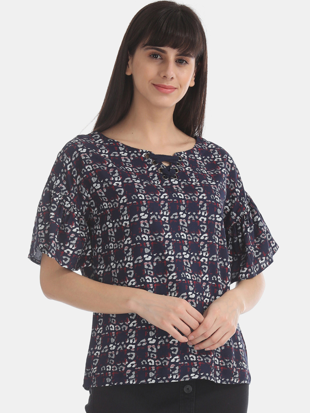 

Cherokee Women Navy Blue & White Printed Top