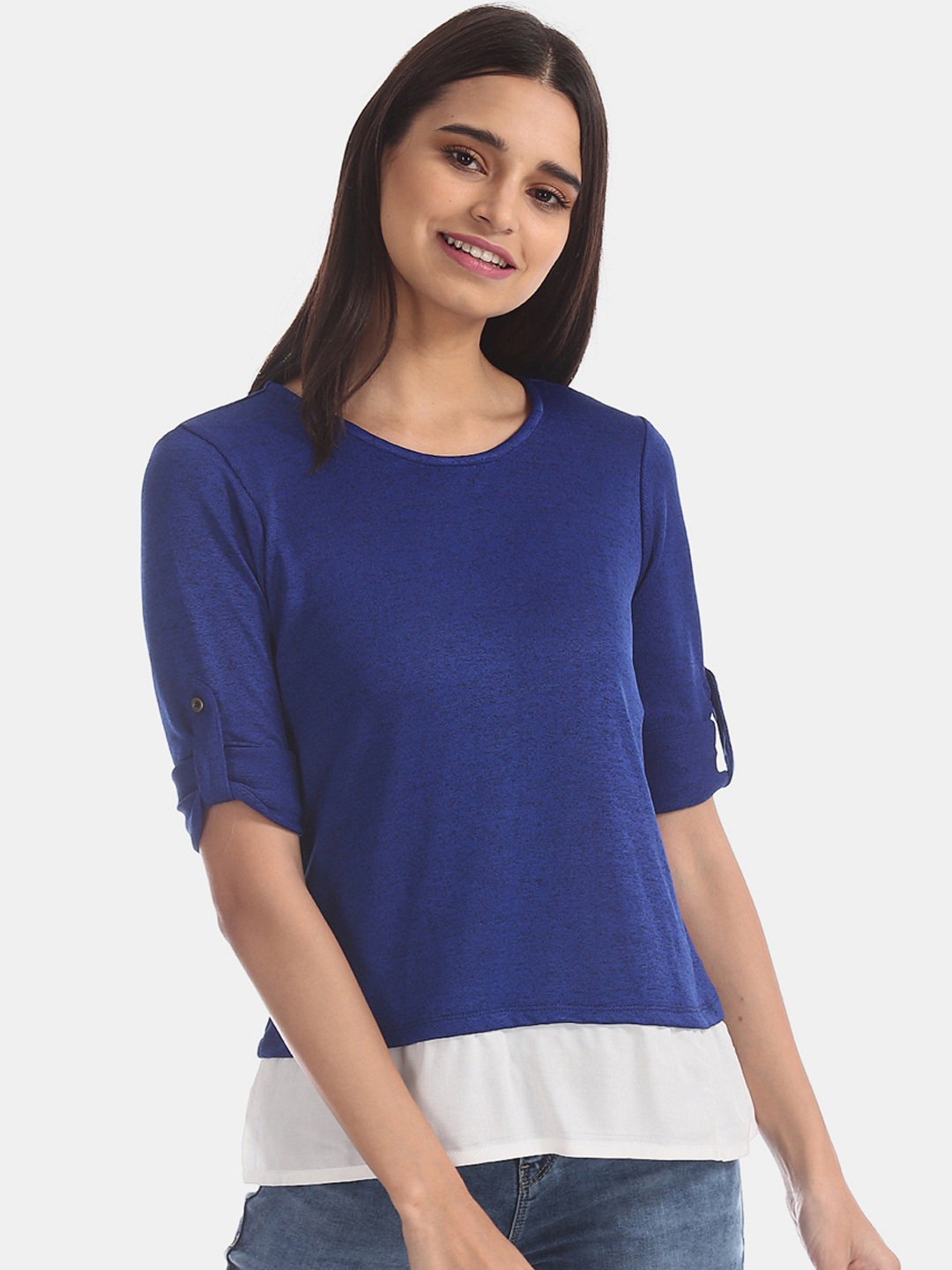 

Cherokee Women Blue & White Colourblocked Top