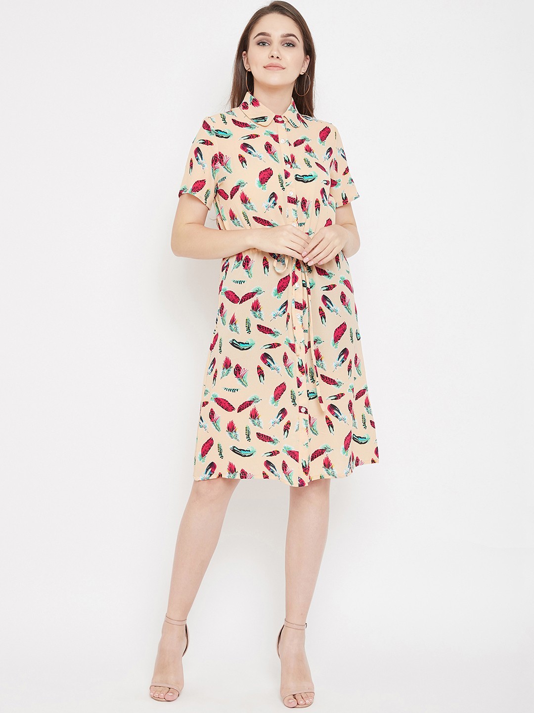 

Ruhaans Women Beige & Red Printed Shirt Dress