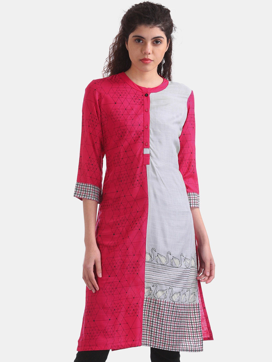 Karigari Women Pink & Grey Printed Straight Kurta