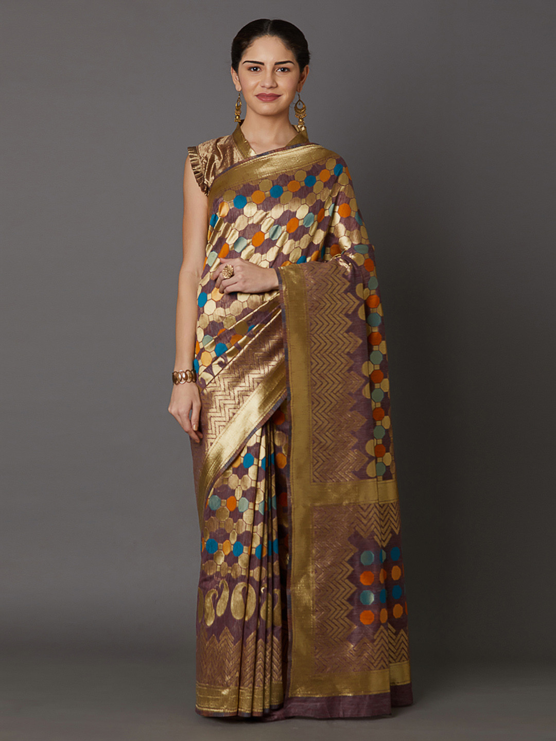 

Mitera Brown & Gold-Toned Silk Blend Woven Design Kanjeevaram Saree