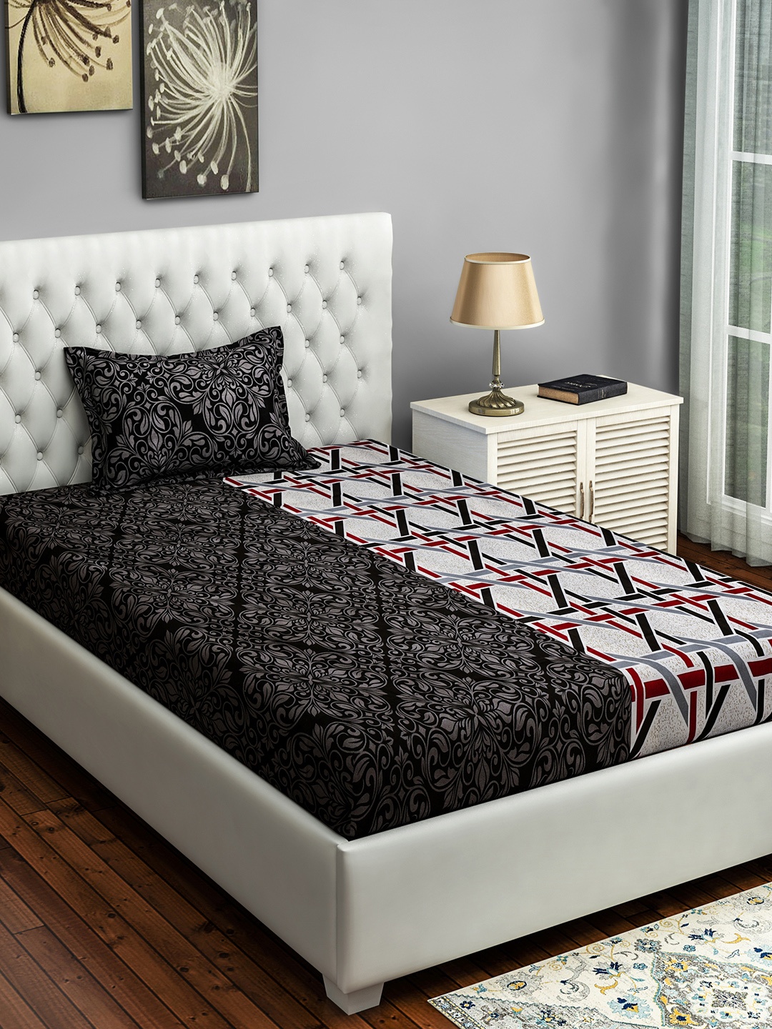 

SWAYAM Black & Grey Geometric 160 TC Cotton 1 Single Bedsheet with 1 Pillow Covers