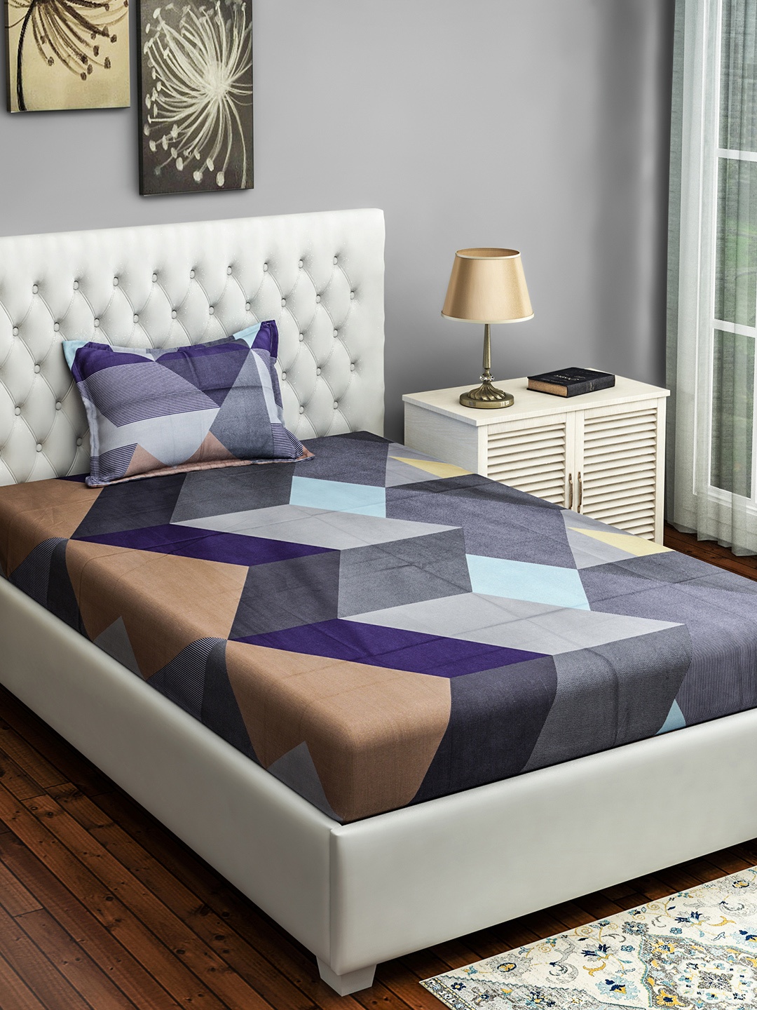 

SWAYAM Grey & Blue Geometric 200 TC Cotton 1 Single Bedsheet with 1 Pillow Covers
