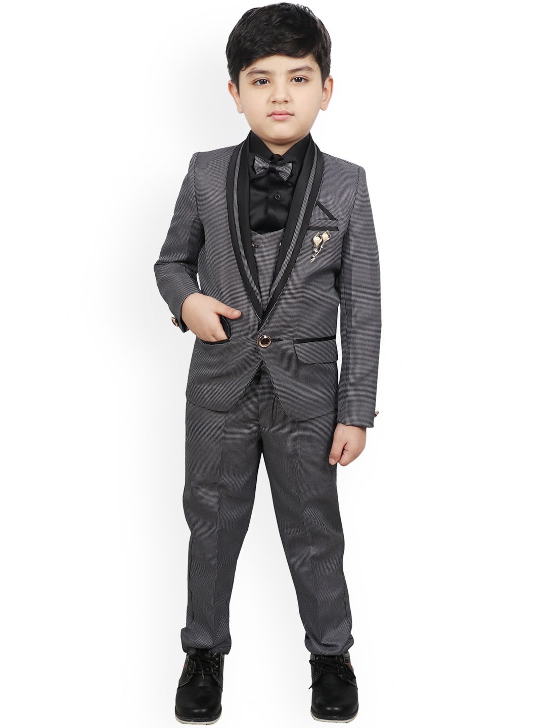 

SG YUVRAJ Boys Black & White Self-Design Tuexdo Party Suit