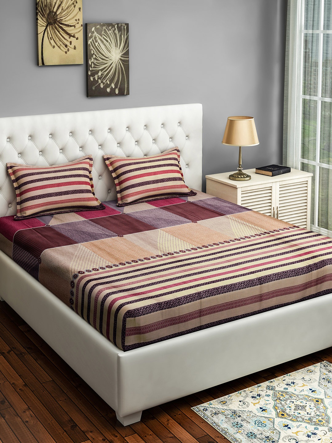 

SWAYAM Beige & Maroon Striped 250 TC 1 Double King Bedsheet with 2 Pillow Covers