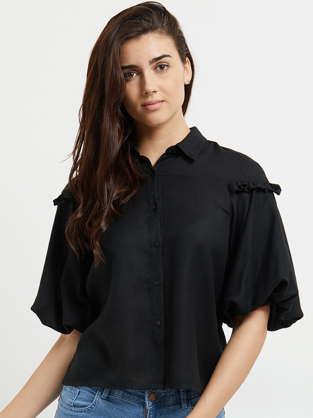 

109F Women Black Solid Shirt Style Pure Cotton Top