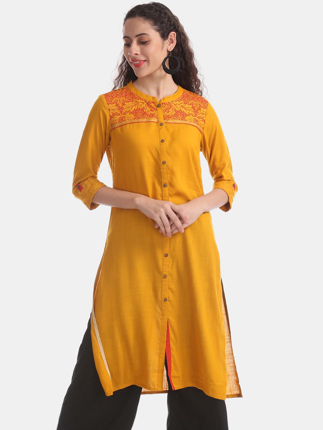 

Karigari Women Mustard Yellow Yoke Design Straight Kurta