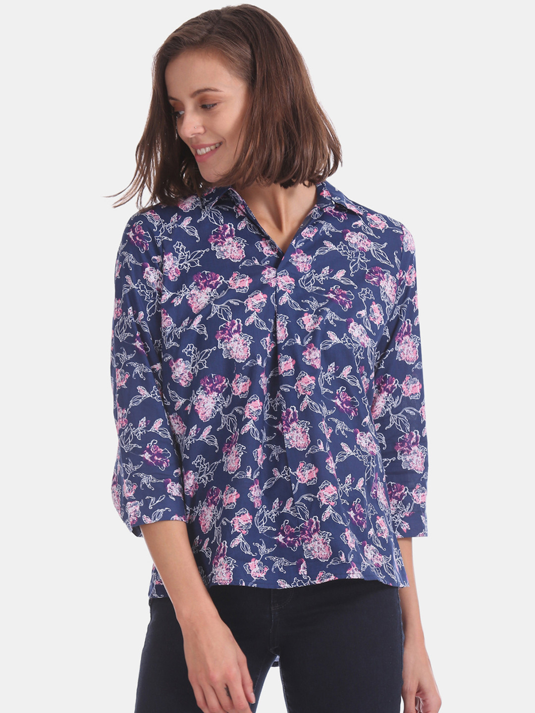 

Cherokee Women Blue Printed Shirt Style Pure Cotton Top