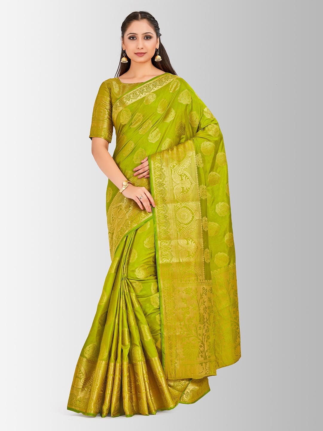 

Mitera Lime Green Art Silk Embellished Kanjeevaram Saree