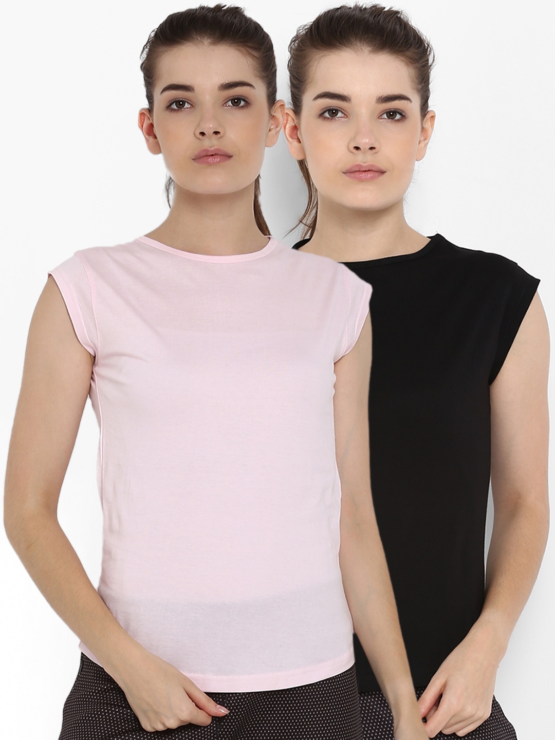 

appulse Women Pack Of 2 Solid Round Neck T-shirts, Black