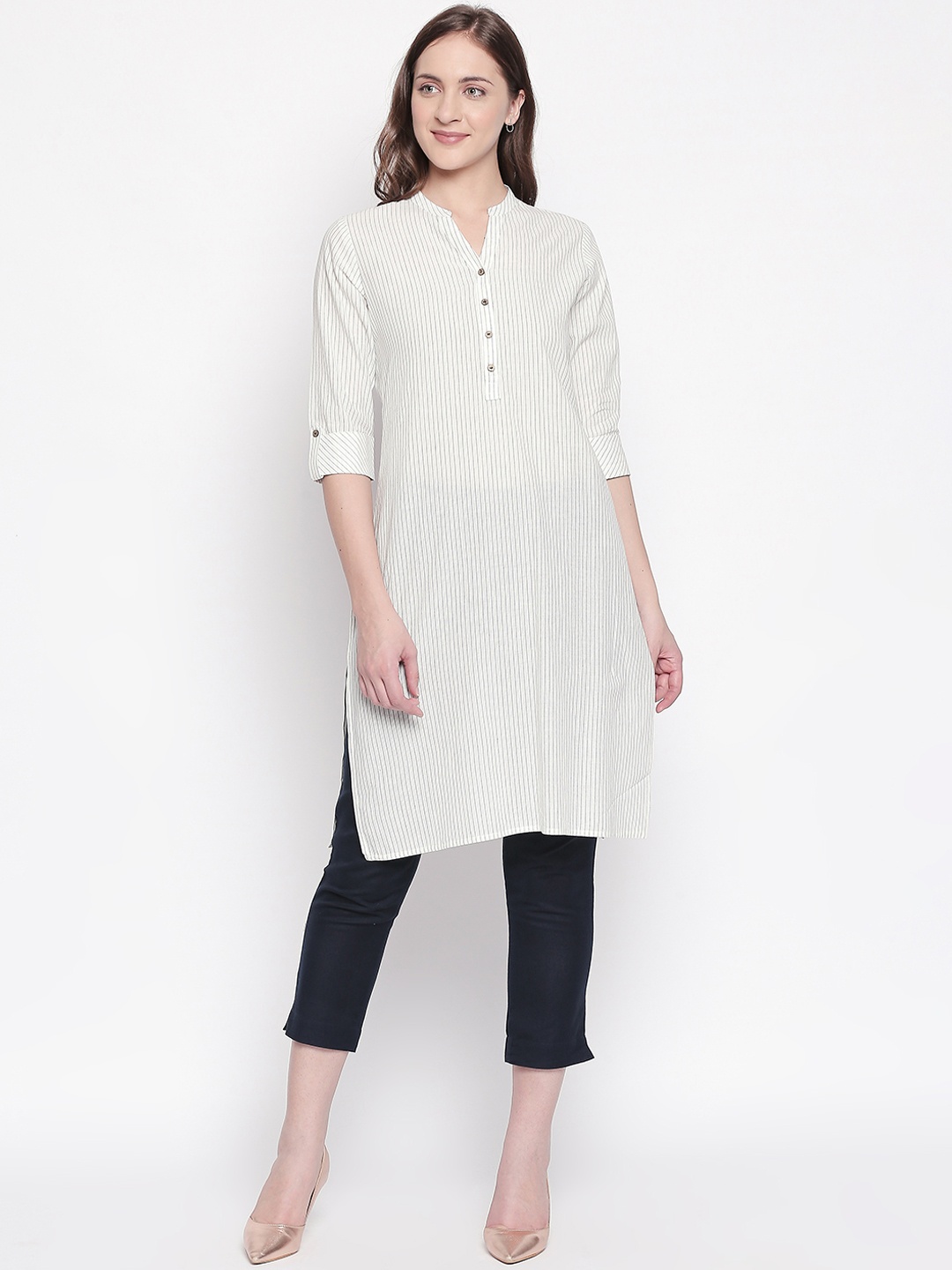 RANGMANCH BY PANTALOONS Women Off-White & Black Striped Straight Kurta