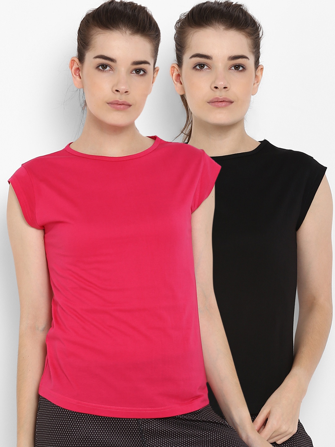 

appulse Women Pack Of 2 Solid Round Neck T-shirts, Black