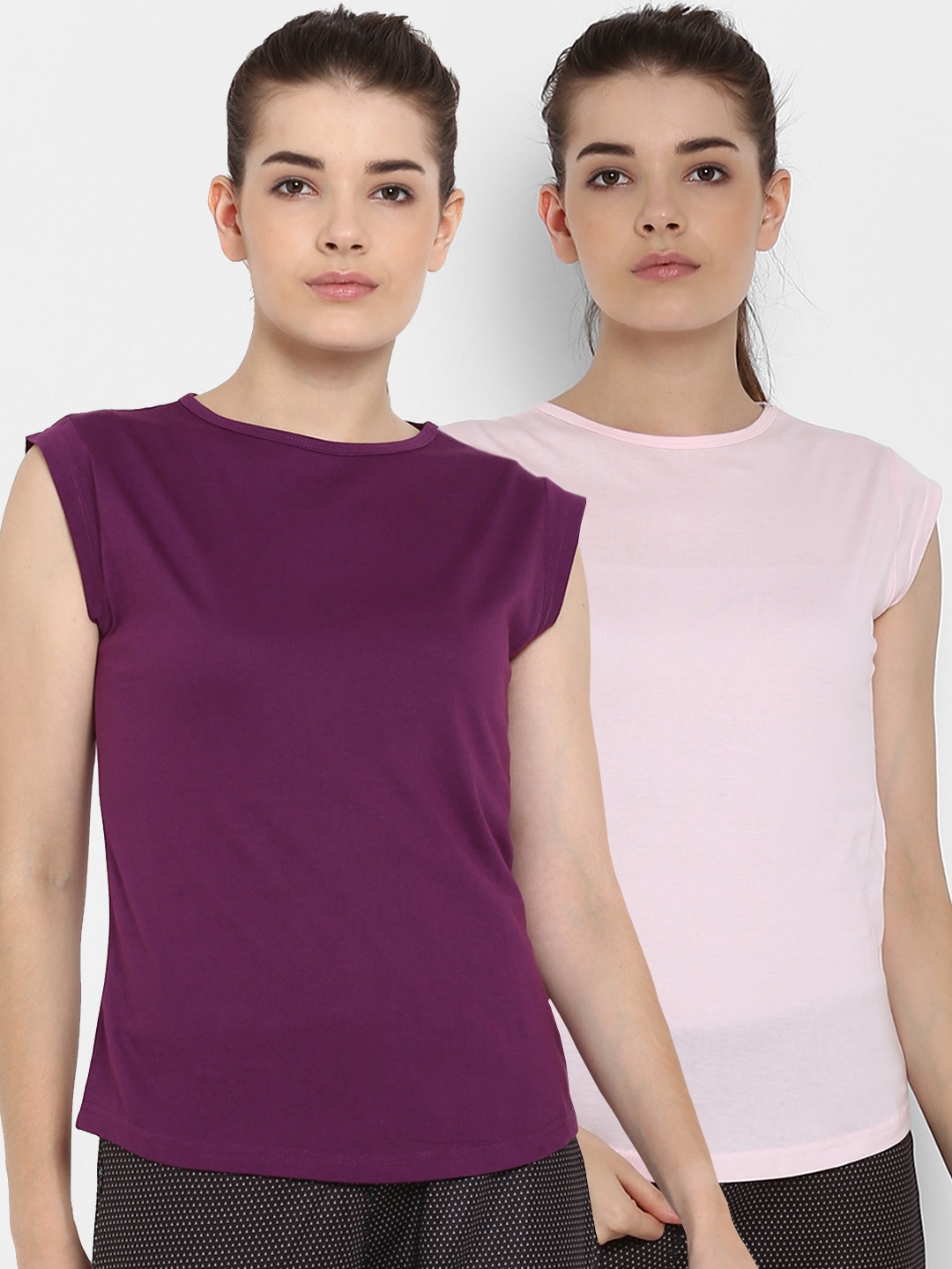 

appulse Women Pack Of 2 Purple & Pink Solid Round Neck T-shirt