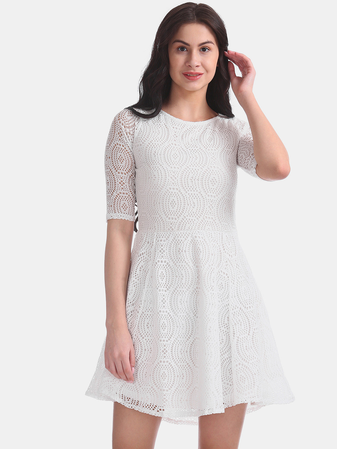 

Sugr Women White Self Design Fit and Flare Dress